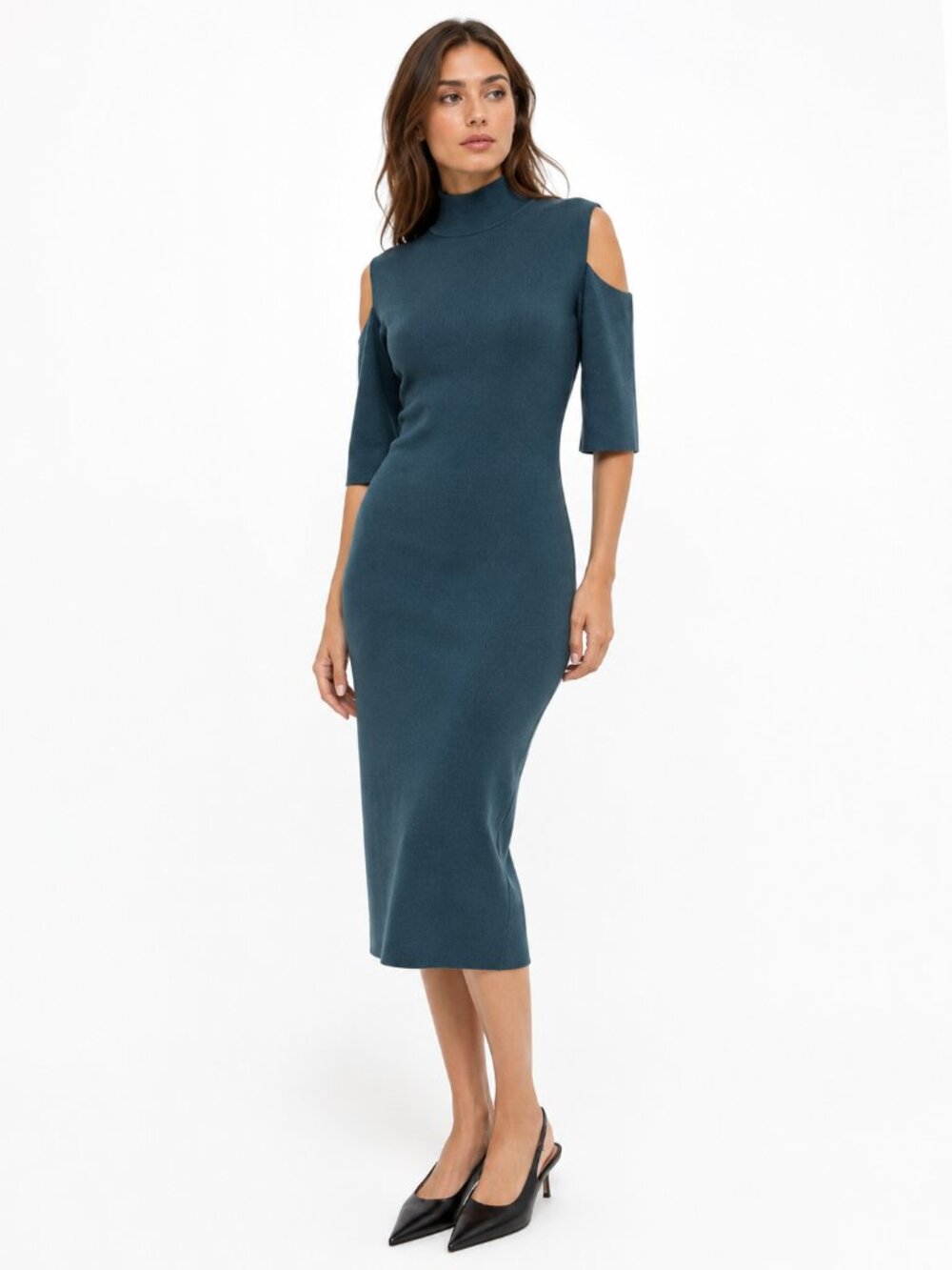 BSL MUTED BLUE COLD SHOULDER MOCK NECK KNITTED BODYCON MIDI DRESS - XS